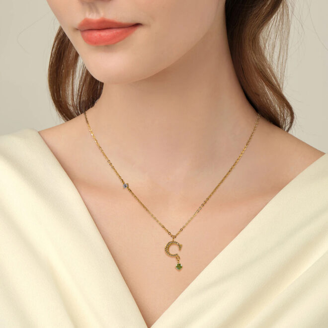 Oudisi Moon and Star Tiny CZ Paved Cubic Zircon Stone Letter Pendant Necklaces for Women Girls Trendy Jewelry